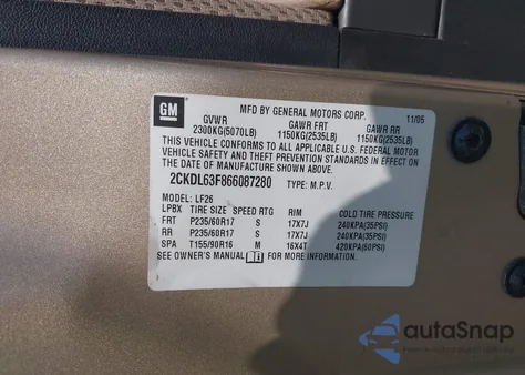 2006 Pontiac Torrent из США, поврежденный, VIN 2CKDL63F866087280